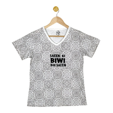 Women's Saeen Ki Biwi Bhi Saeen Grey and White Ajrak Print T-Shirt & Trouser Set