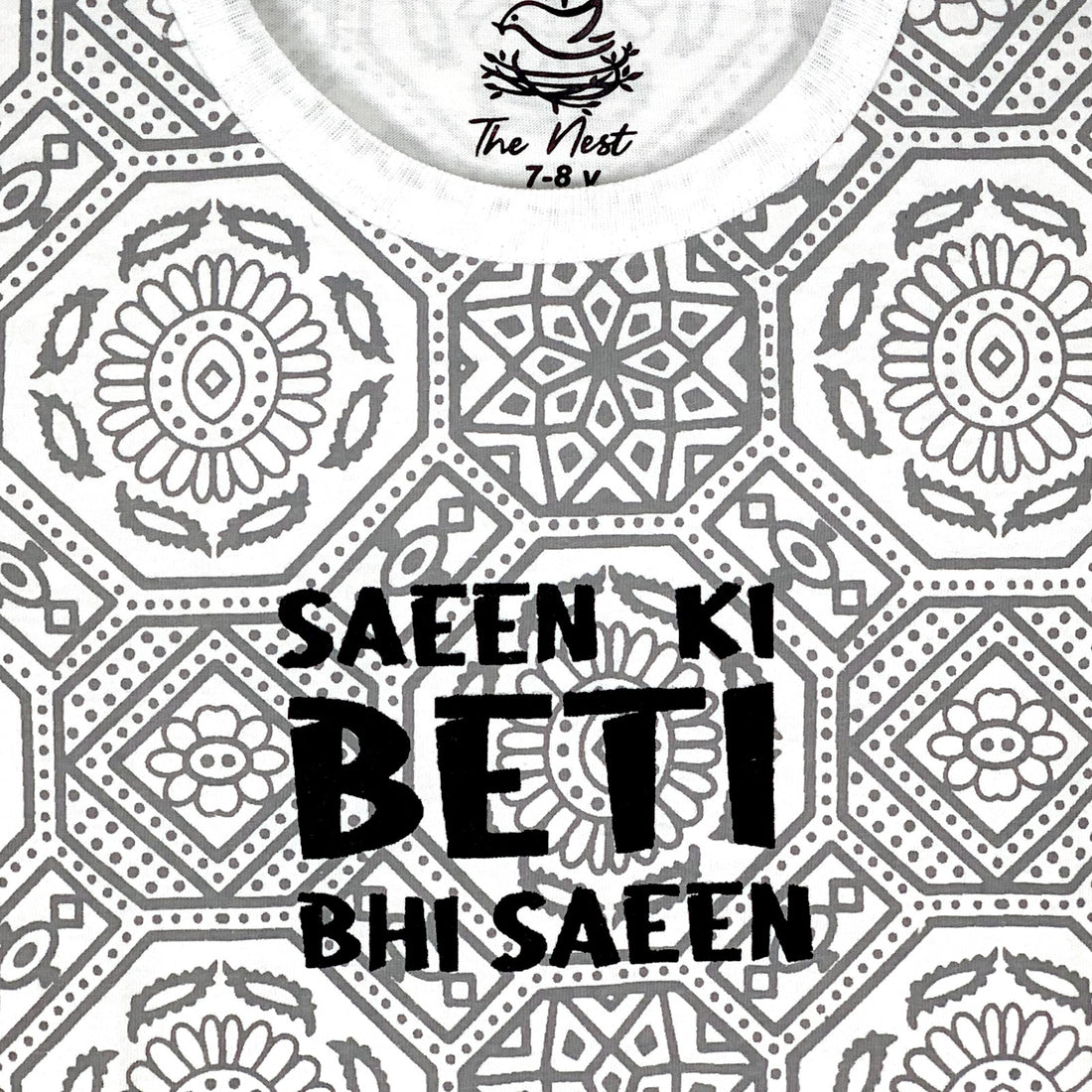 Girls' Saeen Ki Beti Bhi Saeen Grey and White Ajrak Print T-Shirt & Trouser Set