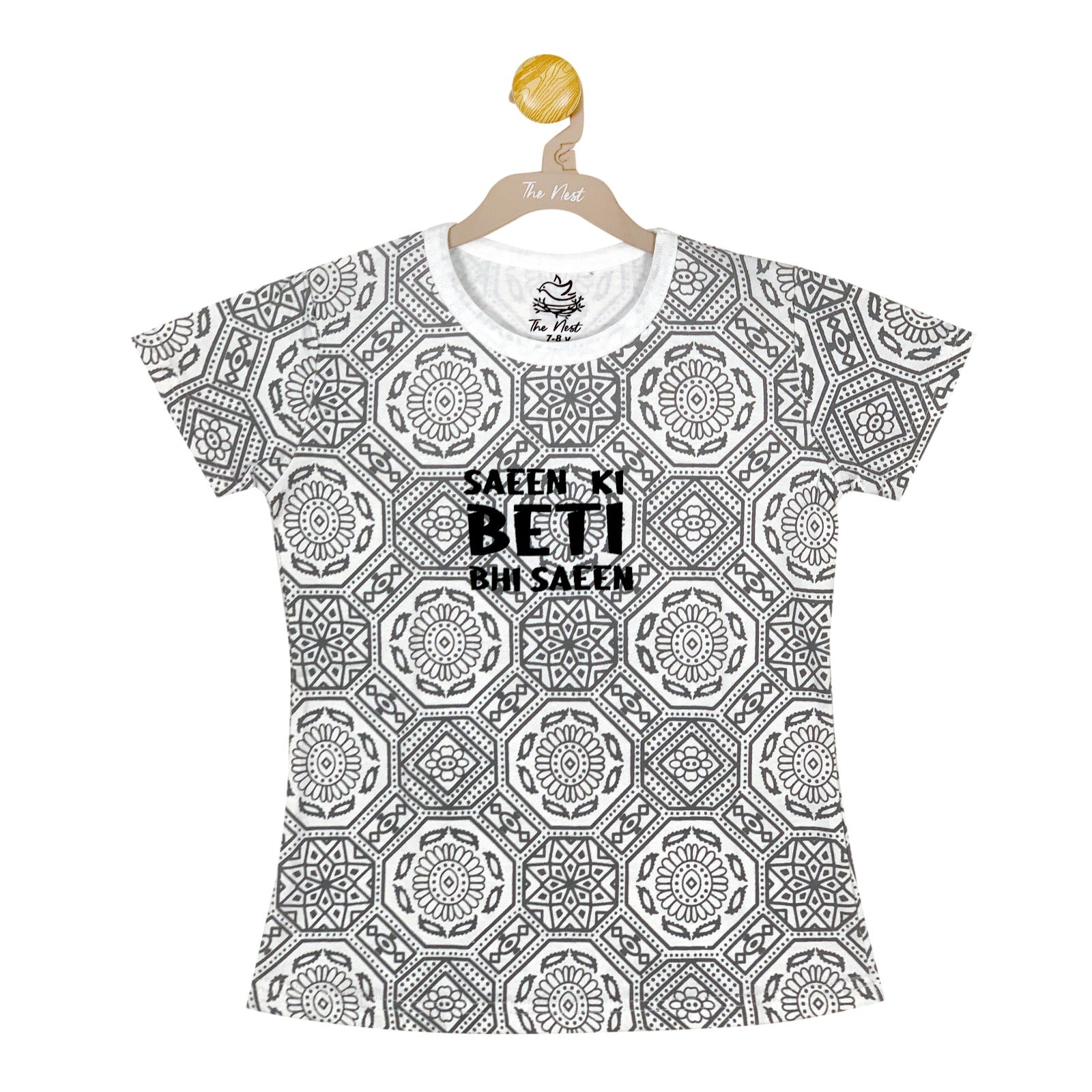 Girls' Saeen Ki Beti Bhi Saeen Grey and White Ajrak Print T-Shirt & Trouser Set
