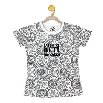 Girls' Saeen Ki Beti Bhi Saeen Grey and White Ajrak Print T-Shirt & Trouser Set
