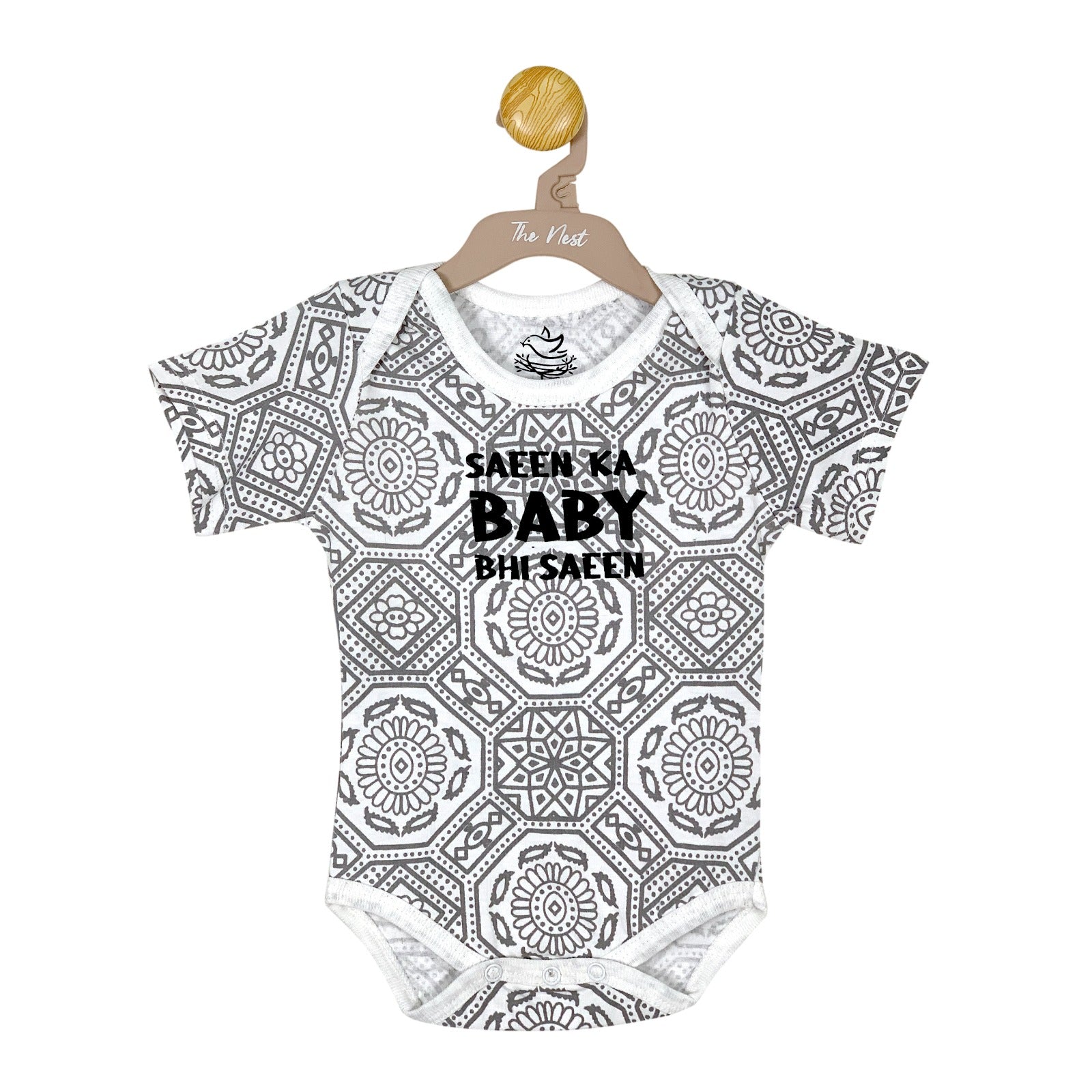 Baby's Saeen Ka Baby Bhi Saeen Grey and White Ajrak Print Short Sleeve Bodysuit