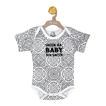 Baby's Saeen Ka Baby Bhi Saeen Grey and White Ajrak Print Short Sleeve Bodysuit