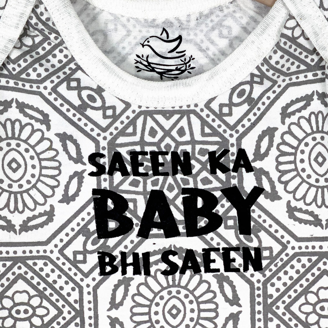 Baby's Saeen Ka Baby Bhi Saeen Grey and White Ajrak Print Short Sleeve Bodysuit