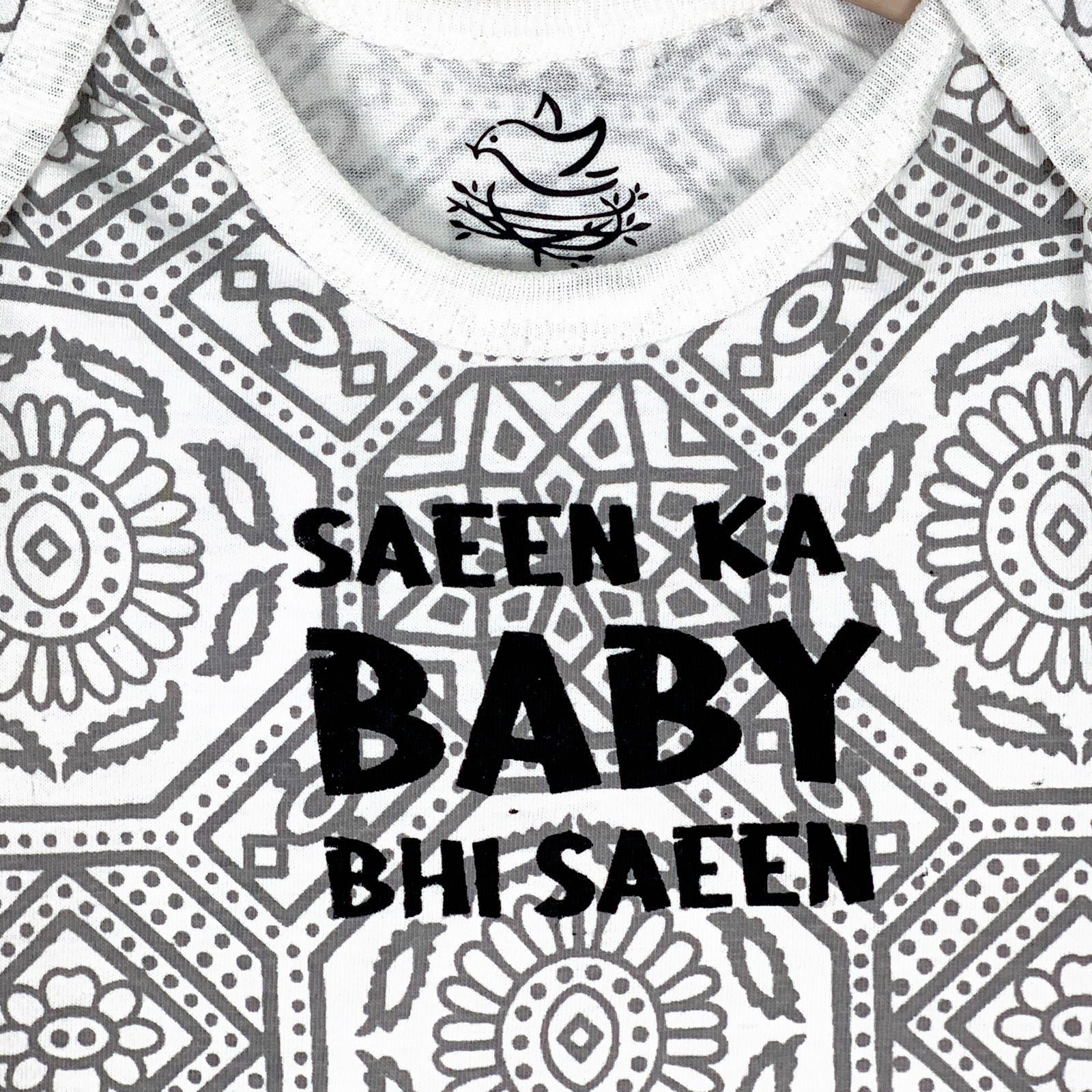 Baby's Saeen Ka Baby Bhi Saeen Grey and White Ajrak Print Short Sleeve Bodysuit