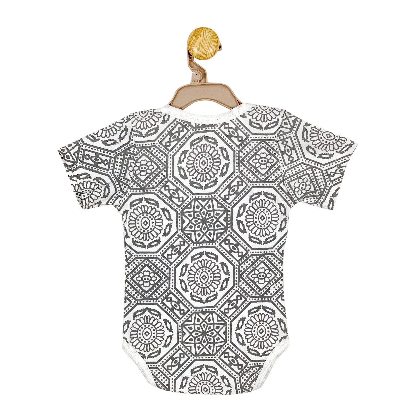 Baby's Saeen Ka Baby Bhi Saeen Grey and White Ajrak Print Short Sleeve Bodysuit