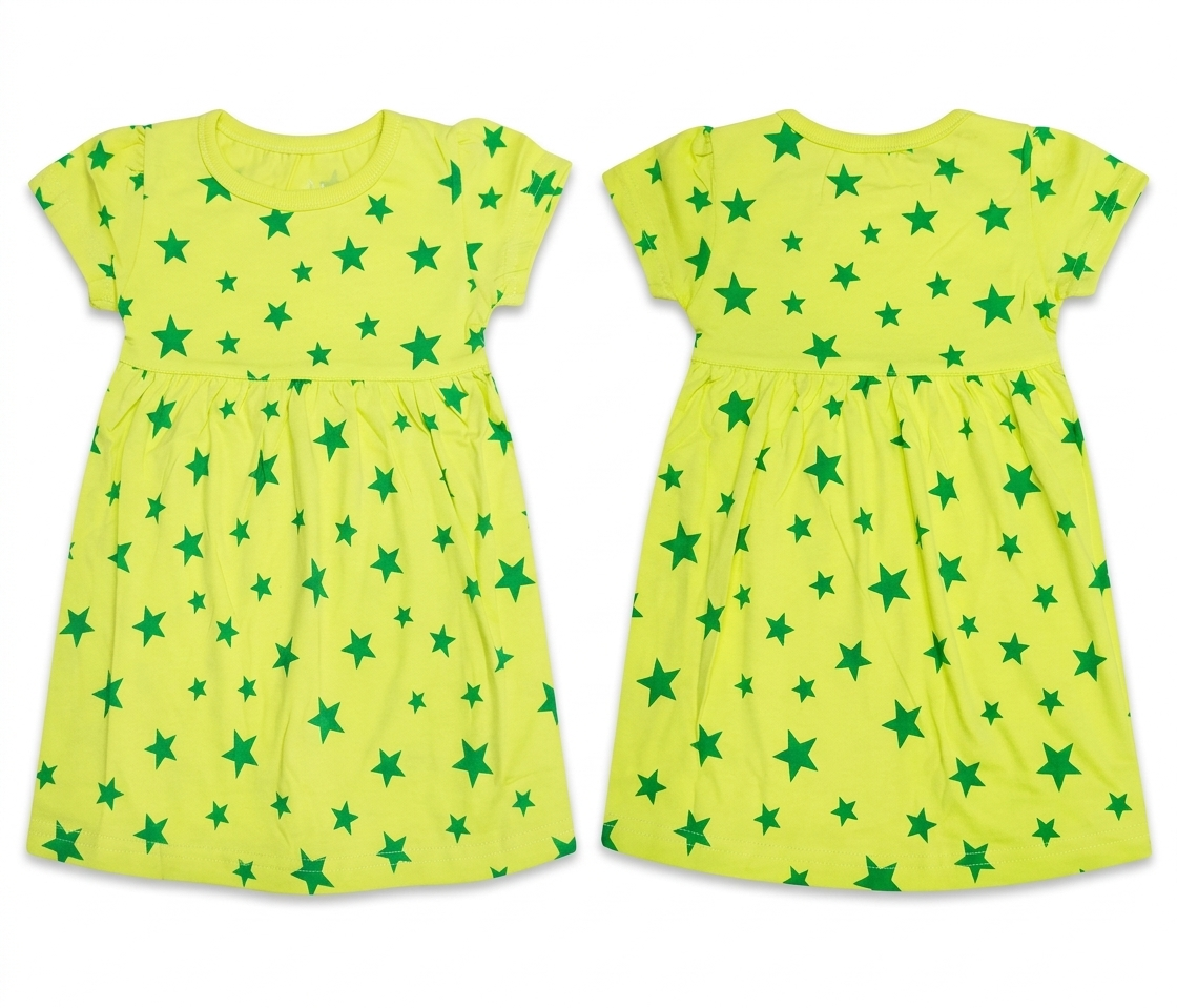 Girls Frock – Lime Yellow Dress with Green Star Print Playwear