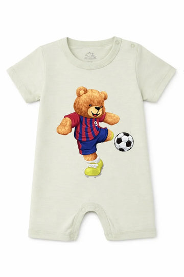 Short-Sleeve Full Length BodySuit (Romper): Premium Cotton Off-White "Bear" Graphic Casual Essentials and Active Playwear