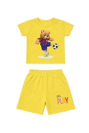 T-Shirt + Shorts Set: Premium Cotton-Blend "Bear & Lets Play" Yellow Daily Casual Wear