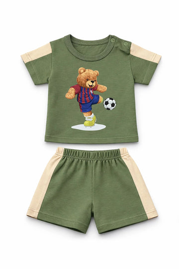 T-Shirt + Shorts Set: Premium Cotton-Blend "Bear" Green Active Playwear