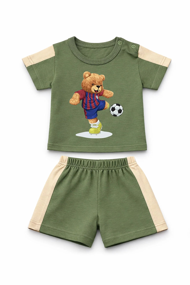 T-Shirt + Shorts Set: Premium Cotton-Blend "Bear" Green Active Playwear