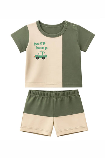 T-Shirt + Shorts Set: Premium Cotton-Blend "Beep Beep" Green Daily Casual Wear