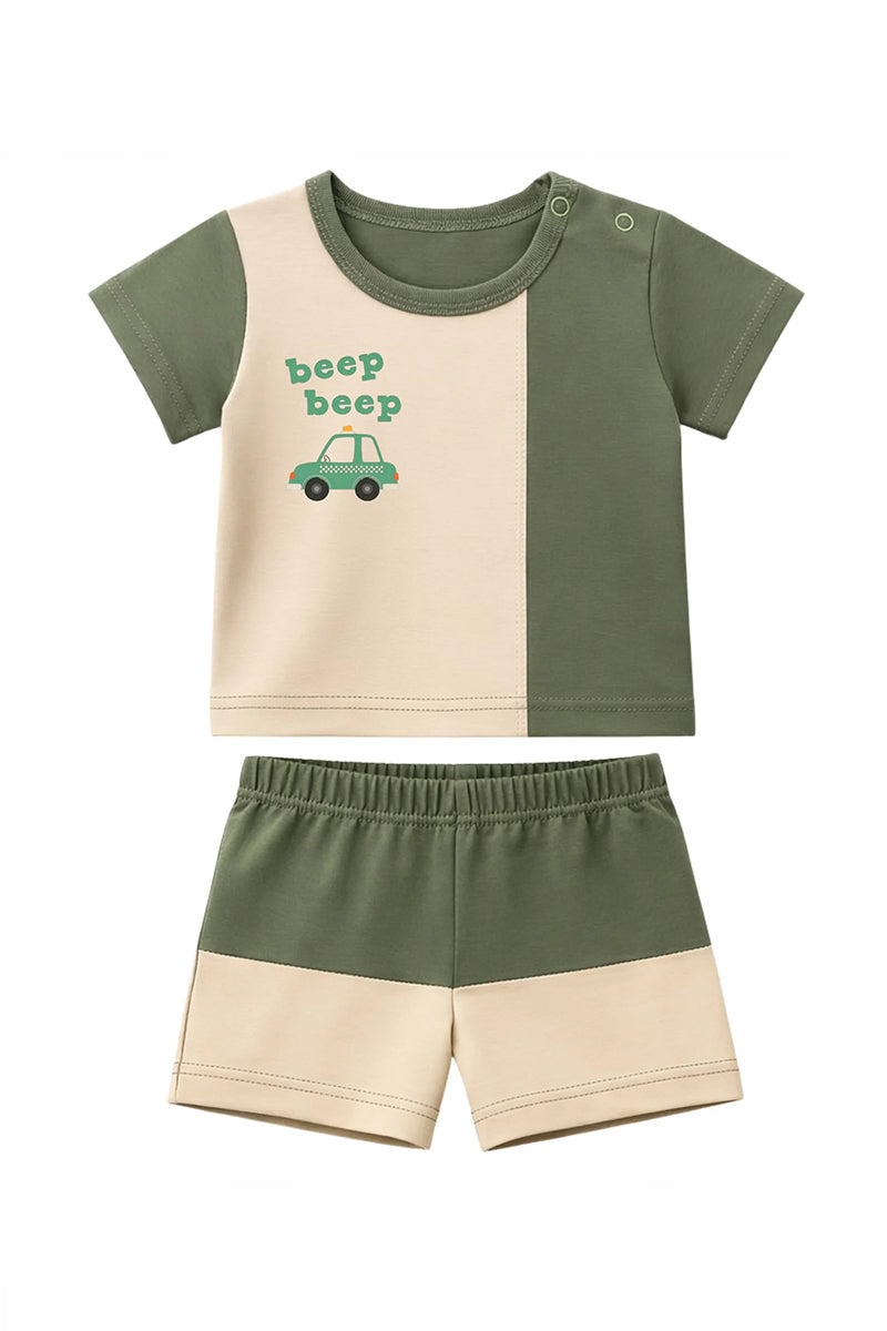 T-Shirt + Shorts Set: Premium Cotton-Blend "Beep Beep" Green Daily Casual Wear
