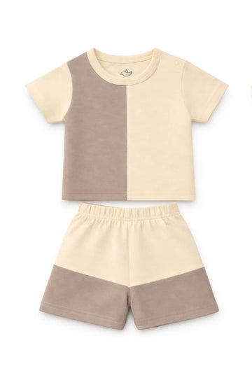 T-Shirt Shorts Set Beige Brown Soft Color block