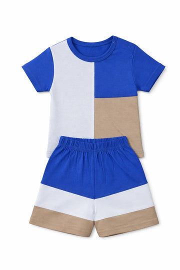 T-Shirt Shorts Set Blue White Beige Soft Color block