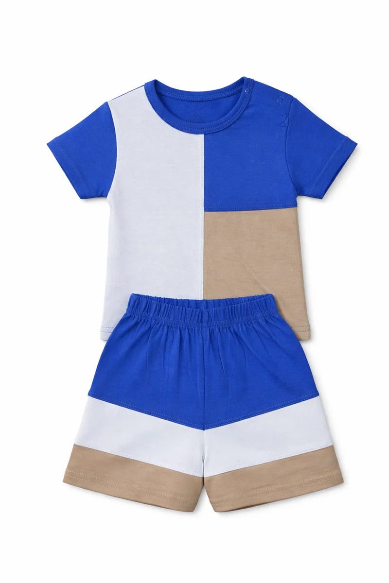 T-Shirt Shorts Set Blue White Beige Soft Color block