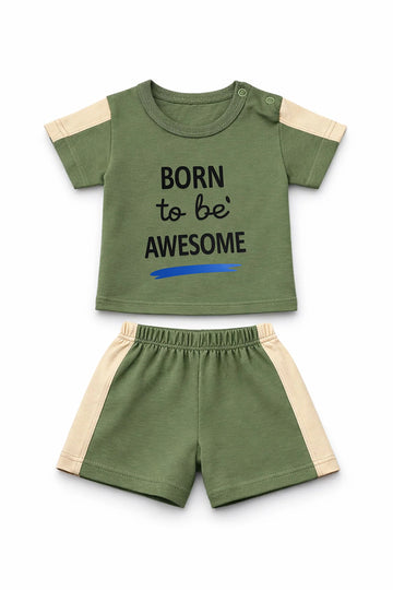 T-Shirt + Shorts Set: Premium Cotton-Blend "Born to be Awesome" Green Active Playwear