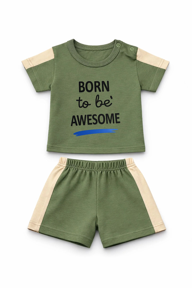T-Shirt + Shorts Set: Premium Cotton-Blend "Born to be Awesome" Green Active Playwear