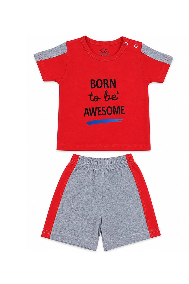 T-Shirt + Shorts Set: Premium Cotton-Blend "Born to be Awesome" Red and Grey Playwear