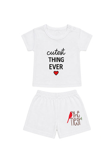 T-Shirt + Shorts Set: Premium Cotton-Blend "Cutest Thing Ever & The Nest" White Daily Casual Wear