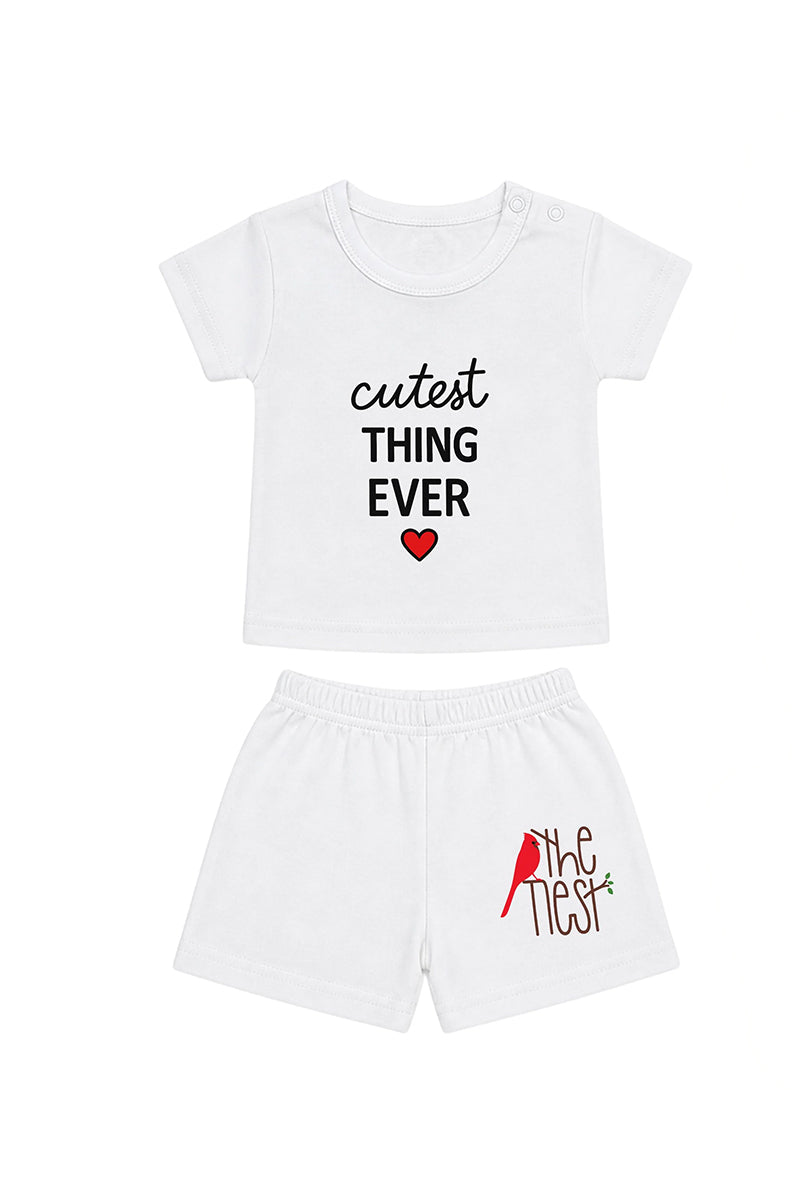 T-Shirt + Shorts Set: Premium Cotton-Blend "Cutest Thing Ever & The Nest" White Daily Casual Wear