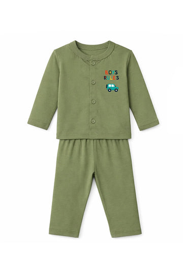 Jabla + Pajama: Premium Cotton-Blend "Boys Rules" Olive Green Casual Essentials