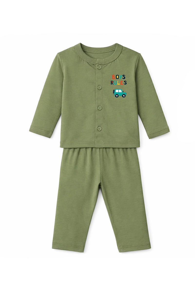 Jabla + Pajama: Premium Cotton-Blend "Boys Rules" Olive Green Casual Essentials