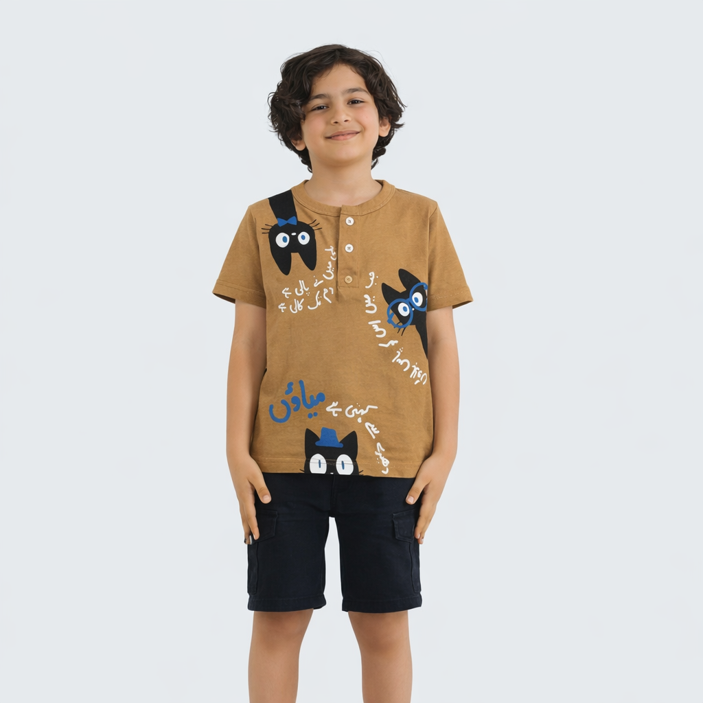 Ghousla Cat Henley T-Shirt - Beige