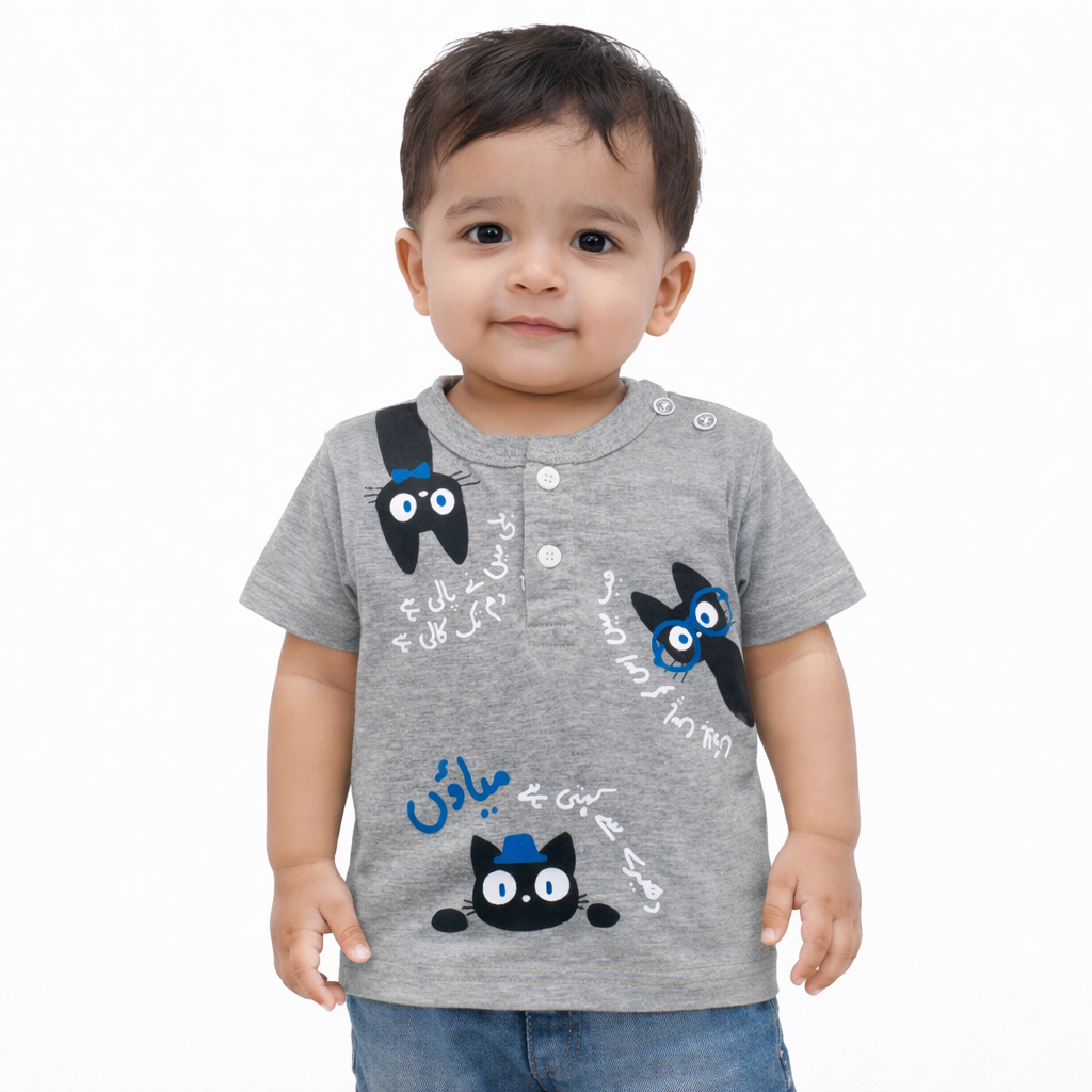 Ghousla Cat Henley T-Shirt - Grey Marl