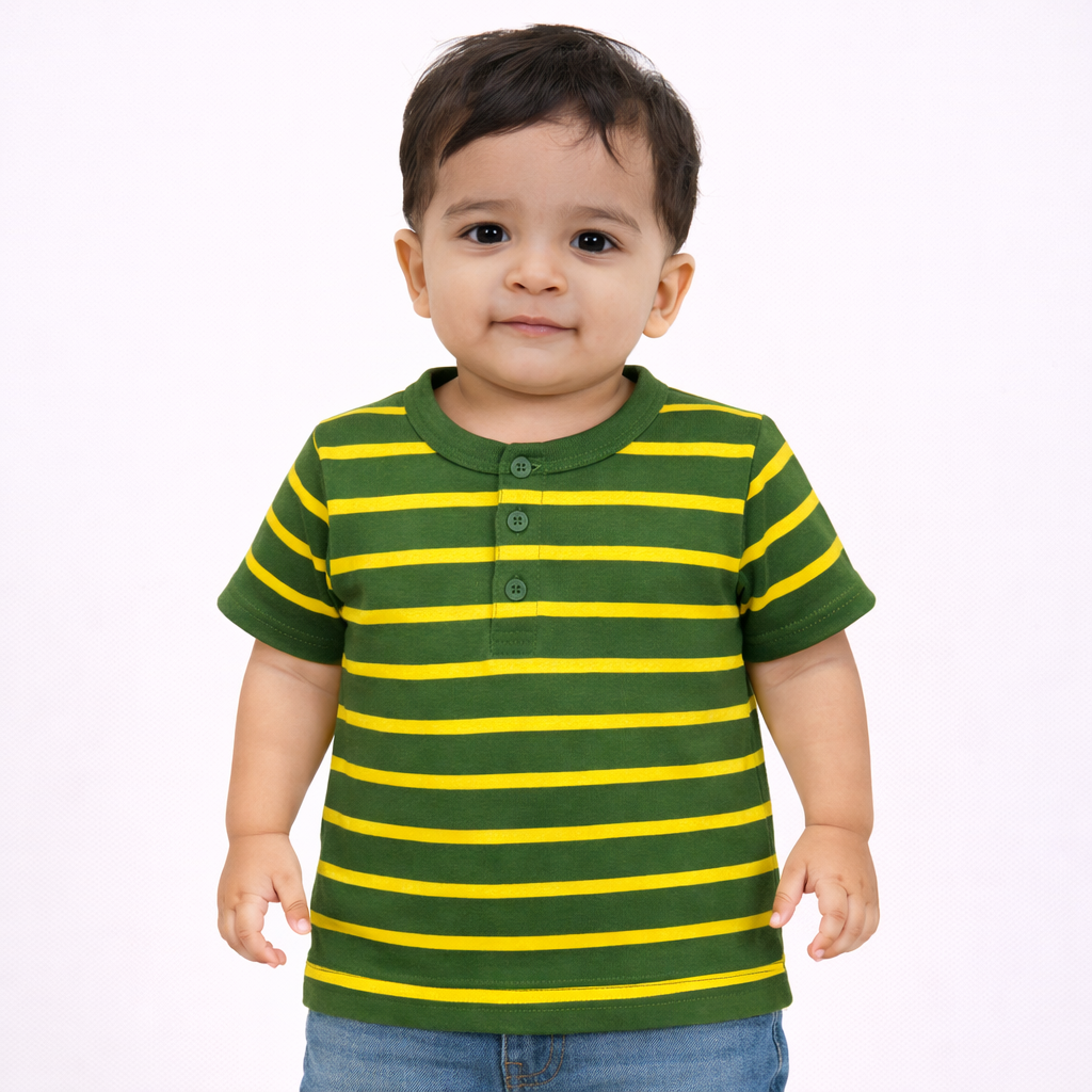 Green and Yellow Striped Henley T- Shirt