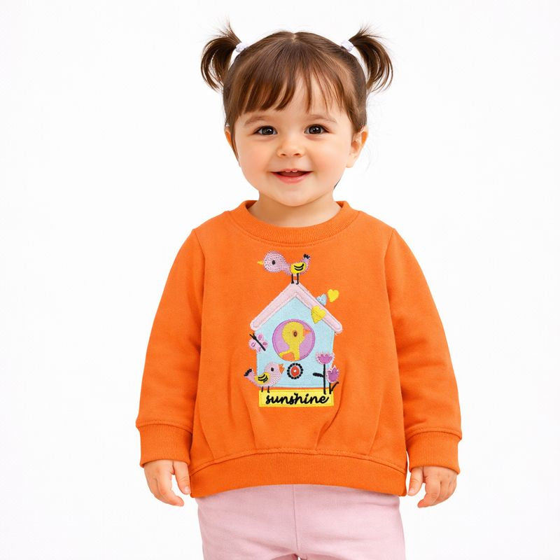 Chirpy Birdhouse Round Neck Sweatshirt - Orange