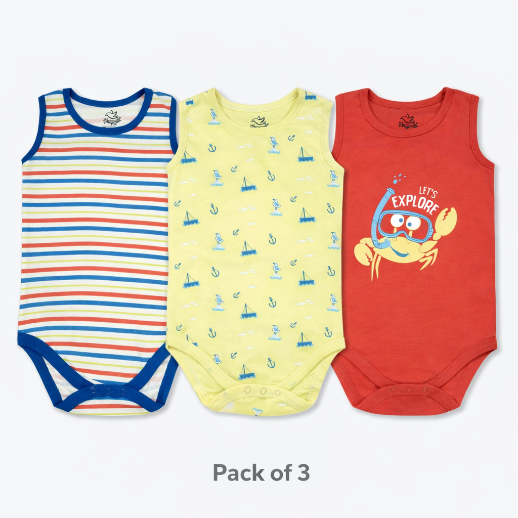 Pack Of 3 Dive Into The Sea Sleeves Less Bodysuits (Bundle)