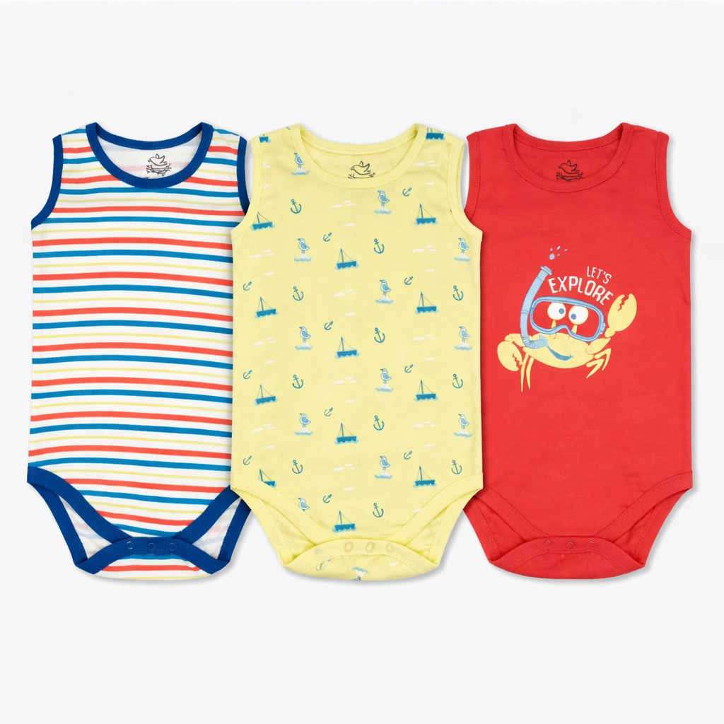 Pack Of 3 Dive Into The Sea Sleeves Less Bodysuits (Bundle)