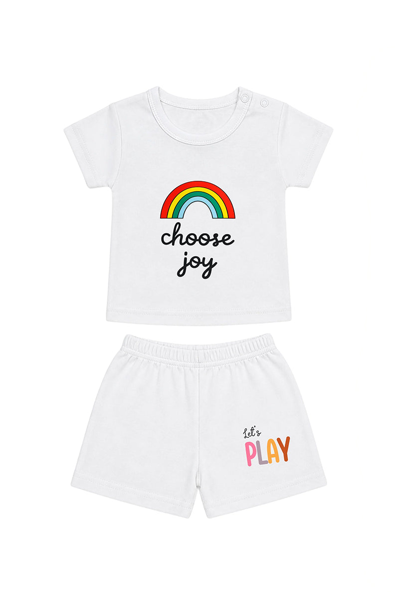T-Shirt + Shorts Set: Premium Cotton-Blend "Choose Joy & Lets Play" White Daily Casual Wear
