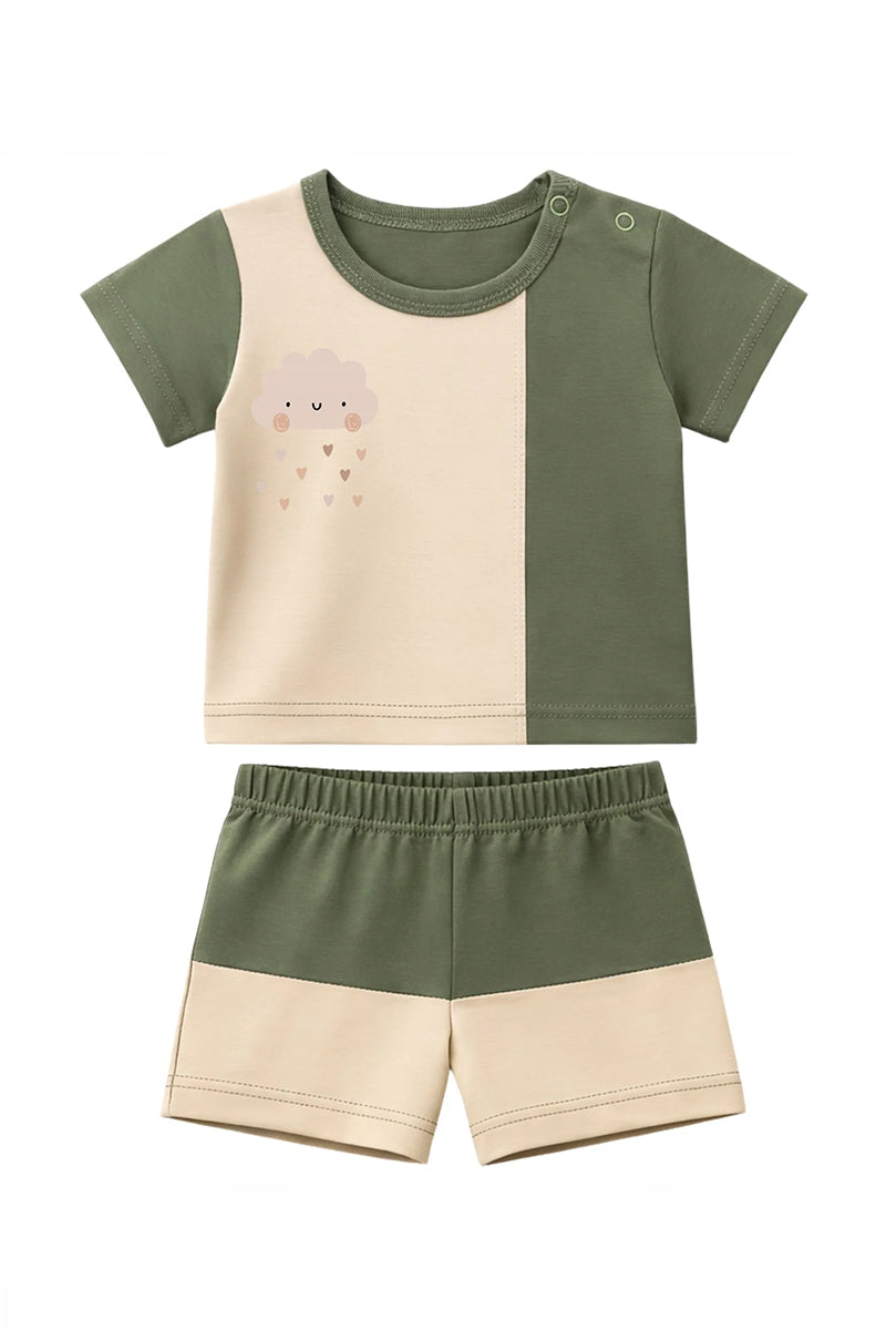 T-Shirt + Shorts Set: Premium Cotton-Blend "Cloud Hearts" Green Daily Casual Wear