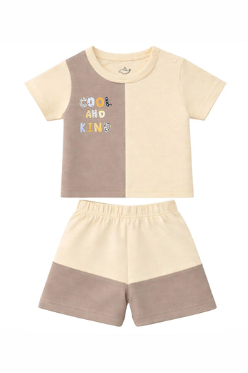 T-Shirt + Shorts Set: Premium Cotton-Blend "Cool And Kind" Beige Casual Essentials