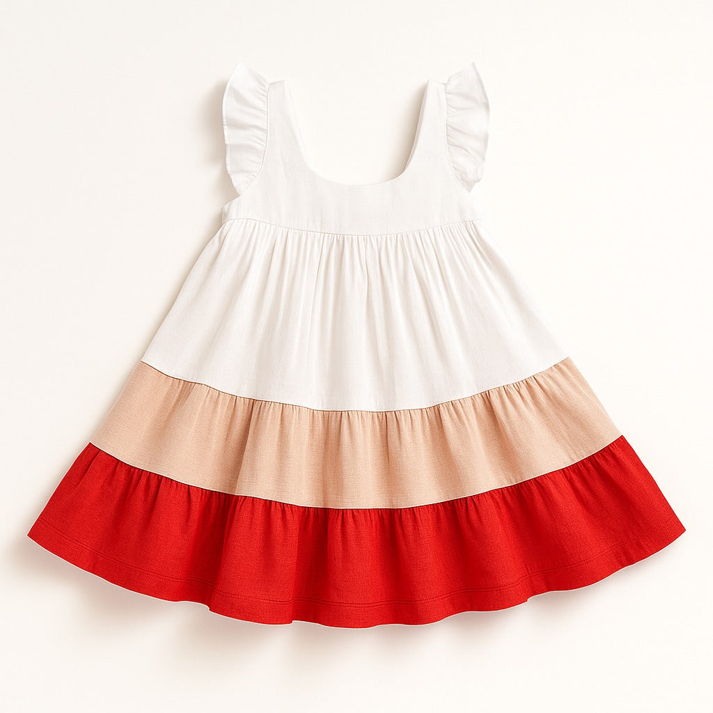 White dress with red and beige ruffled layers on a white background