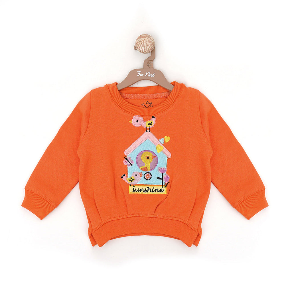 Chirpy Birdhouse Round Neck Sweatshirt - Orange