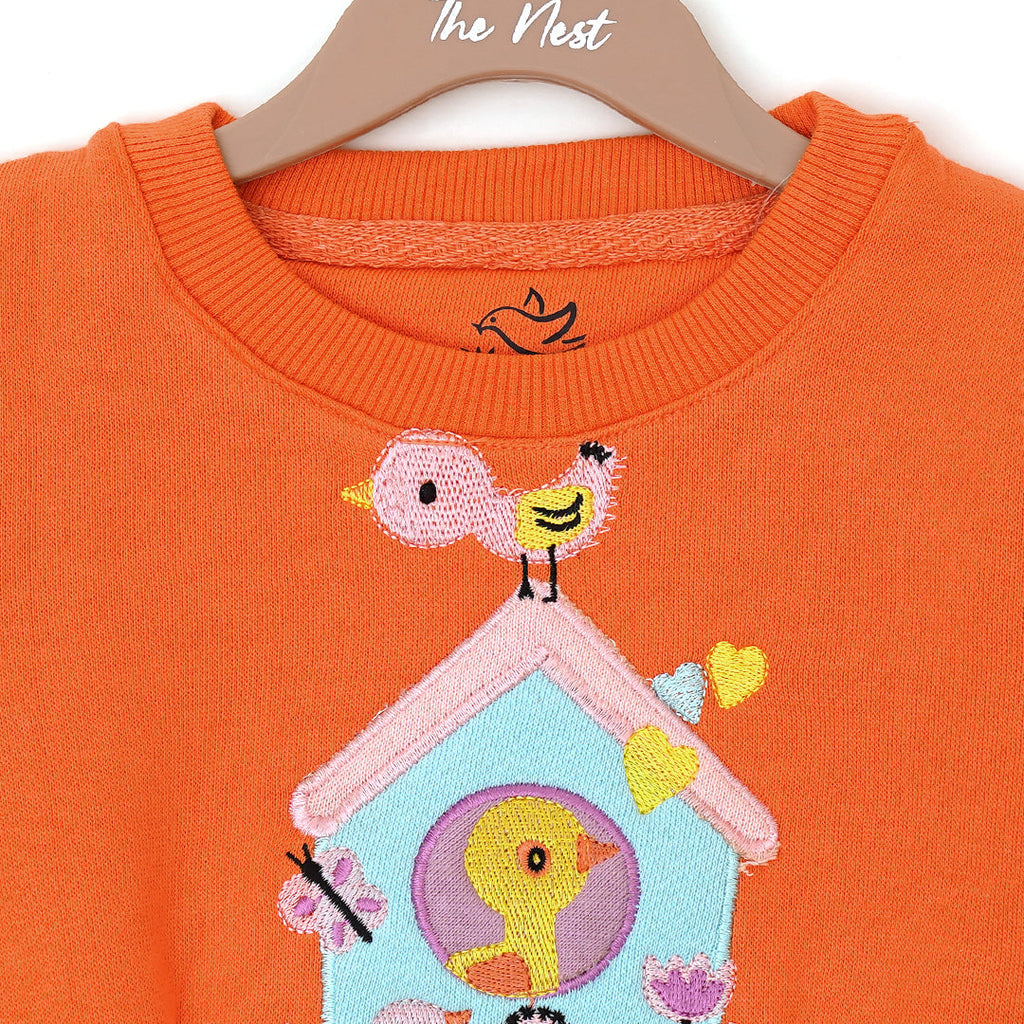 Chirpy Birdhouse Round Neck Sweatshirt - Orange