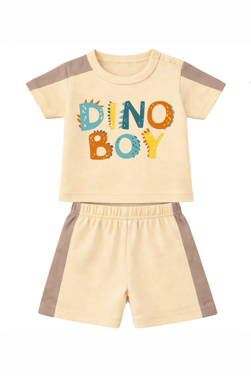 T-Shirt + Shorts Set: Premium Cotton-Blend "Dino Boy" Beige Daily Casual Wear