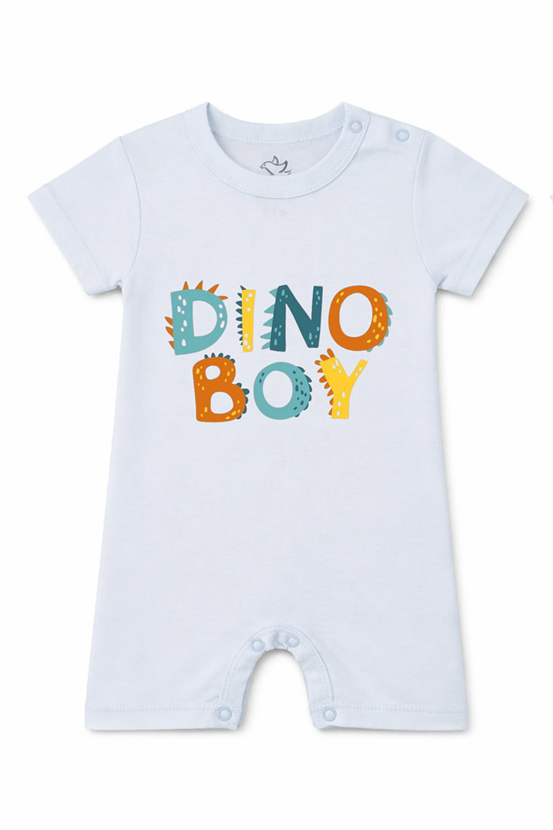 Short-Sleeve Full Length BodySuit (Romper): Premium Cotton Light Blue "Dino Boy" Graphic Casual Essentials and Active Playwear