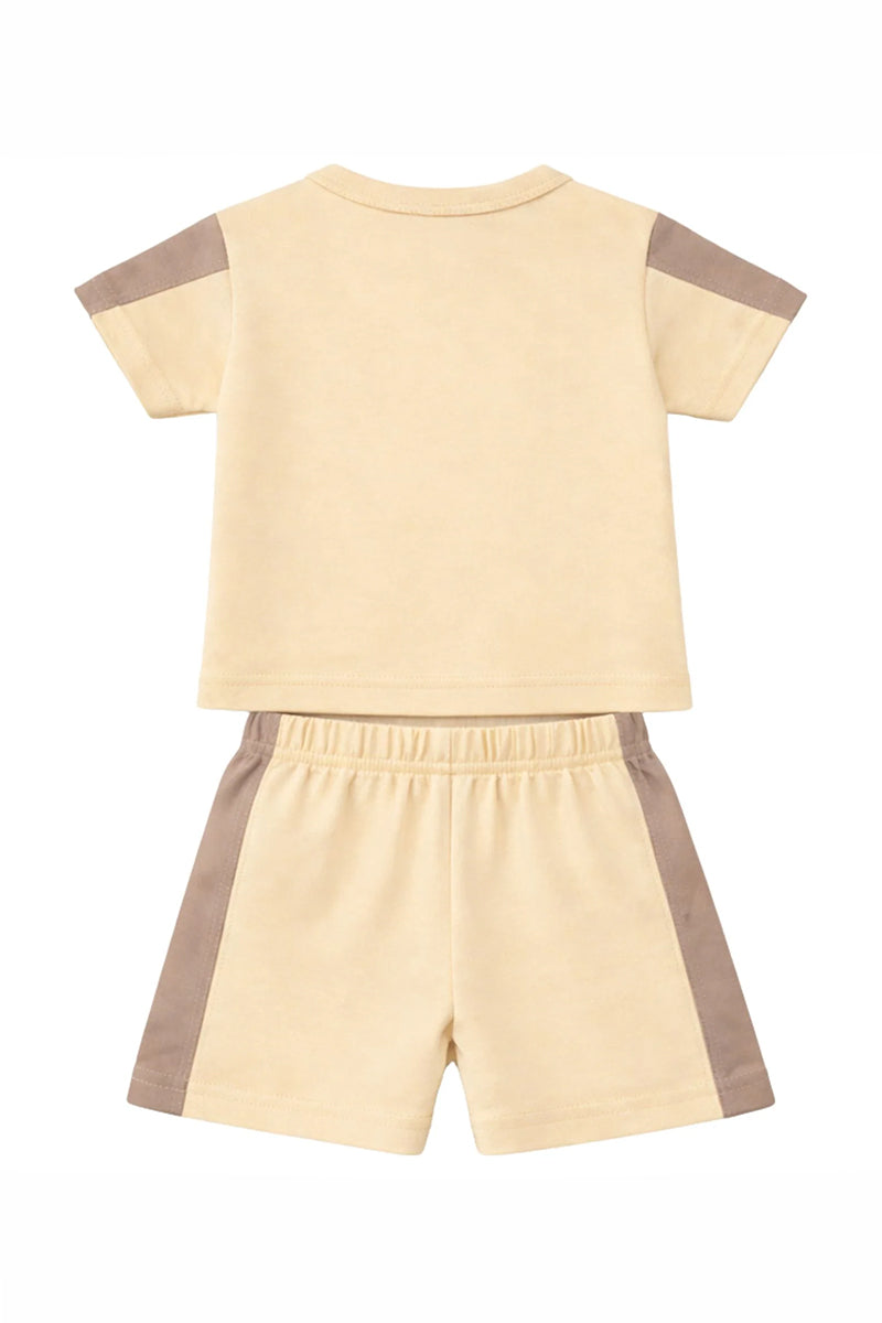 T-Shirt + Shorts Set: Premium Cotton-Blend "Dino Boy" Beige Daily Casual Wear