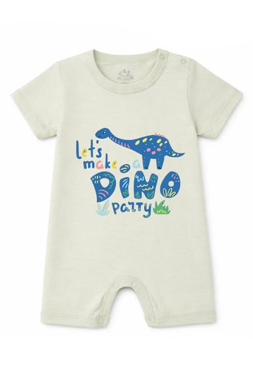 Short-Sleeve Full Length BodySuit (Romper): Premium Cotton Off-White "Dino Party" Graphic Casual Essentials and Active Playwear