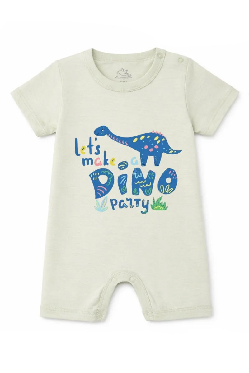 Short-Sleeve Full Length BodySuit (Romper): Premium Cotton Off-White "Dino Party" Graphic Casual Essentials and Active Playwear