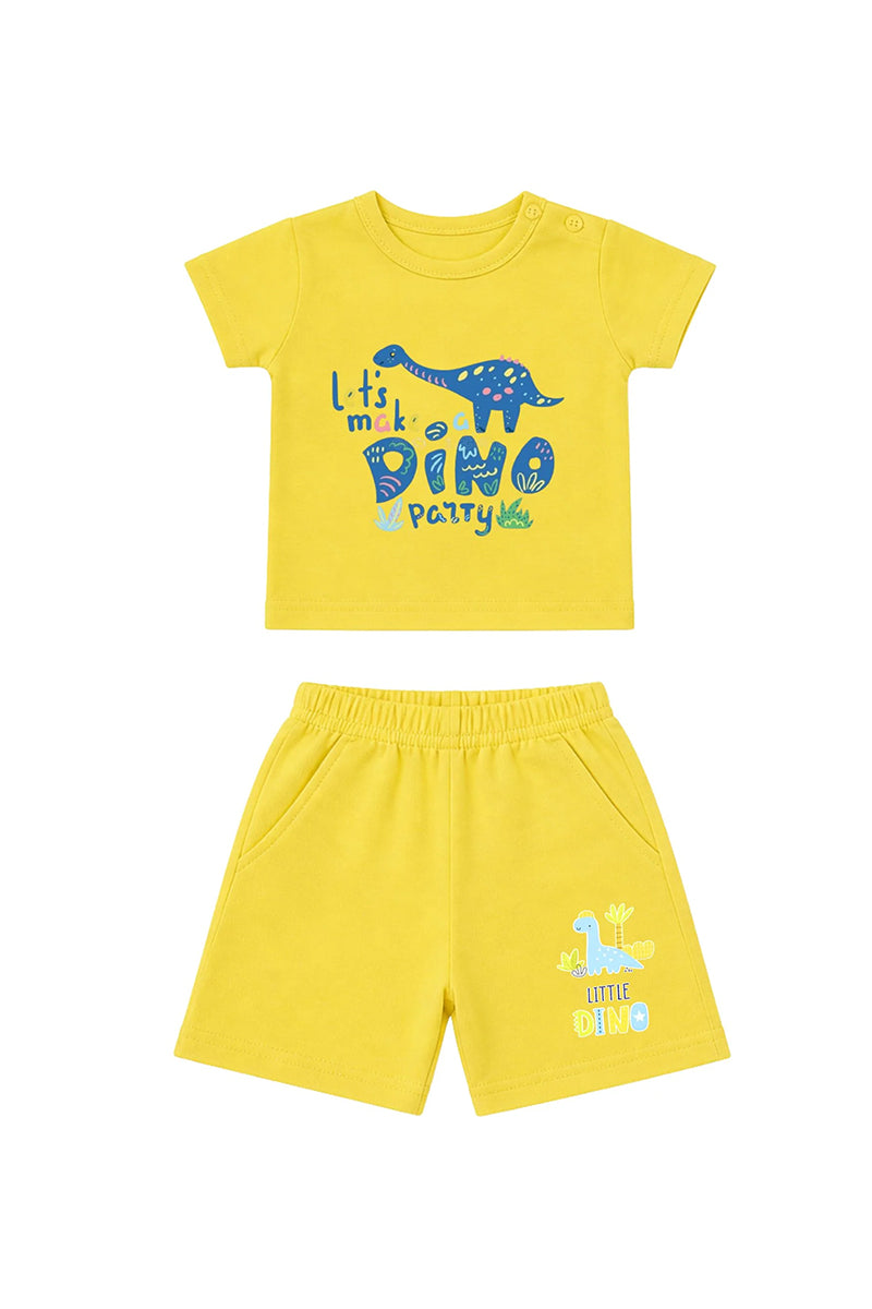 T-Shirt + Shorts Set: Premium Cotton-Blend "Dino Party & Little Dino Mini" Yellow Daily Casual Wear