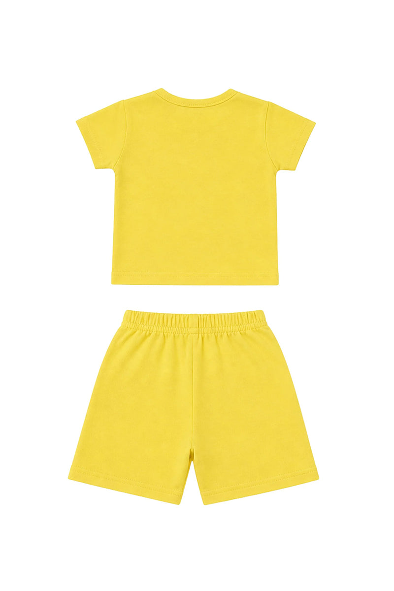 T-Shirt + Shorts Set: Premium Cotton-Blend "Dino Party & Little Dino Mini" Yellow Daily Casual Wear