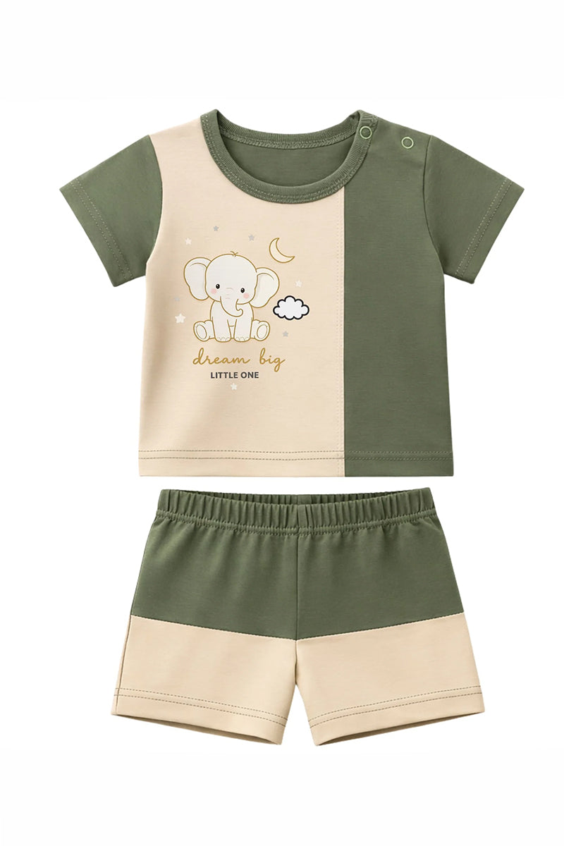 T-Shirt + Shorts Set: Premium Cotton-Blend "Dream Big Little One" Green Daily Casual Wear
