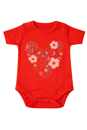 Short-Sleeve Bodysuit: Premium Cotton-Blend "Heart" Red Daily Casual Wear