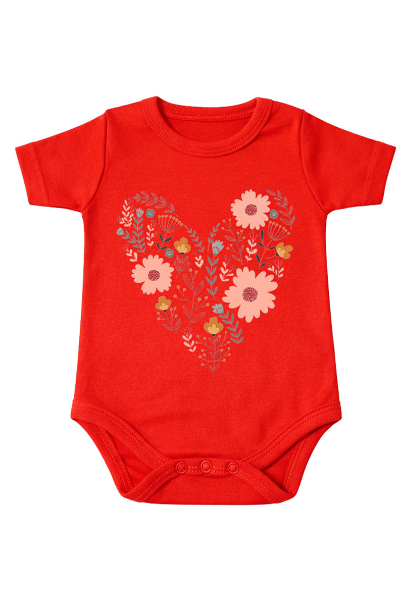 Short-Sleeve Bodysuit: Premium Cotton-Blend "Heart" Red Daily Casual Wear