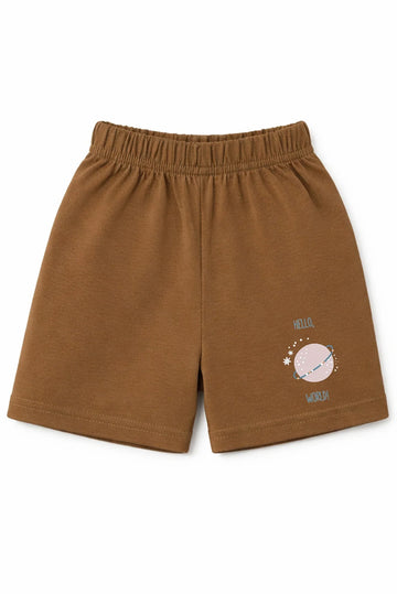 Shorts: Premium Cotton Brown "Hello World" Graphic Casual Essentials and Active Playwear