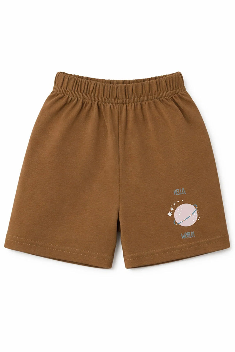 Shorts: Premium Cotton Brown "Hello World" Graphic Casual Essentials and Active Playwear